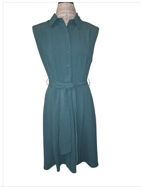 Calvin Klein Women's Teal Green Button Front Textured Cap Sleeve Dress 8 NWT